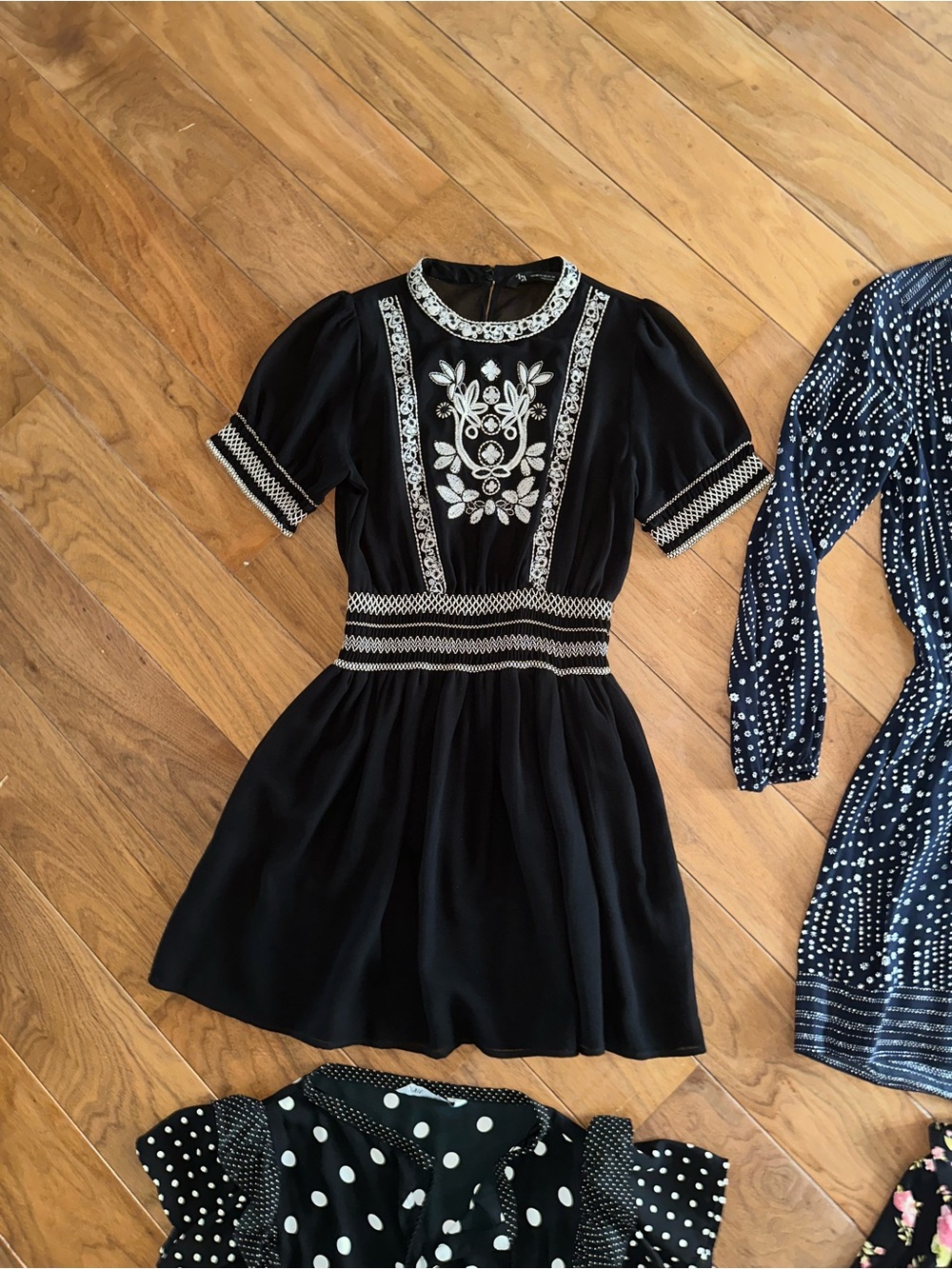 Zara Black Dresses with White Polka Dot and Pink Floral Accents - Picture 2 of 10